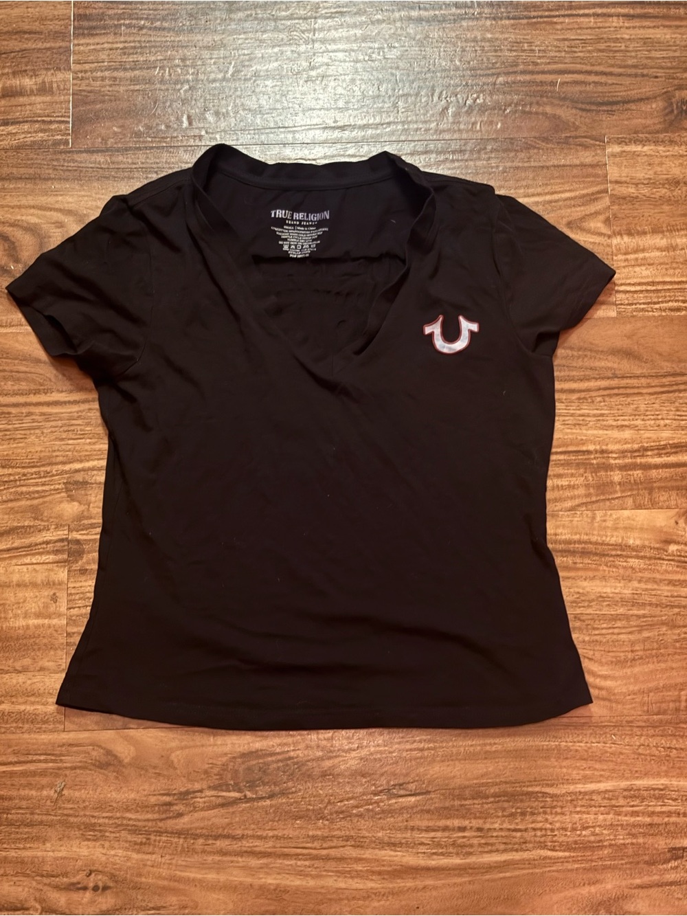 True Religion Black V-Neck Short Sleeve Logo Tee